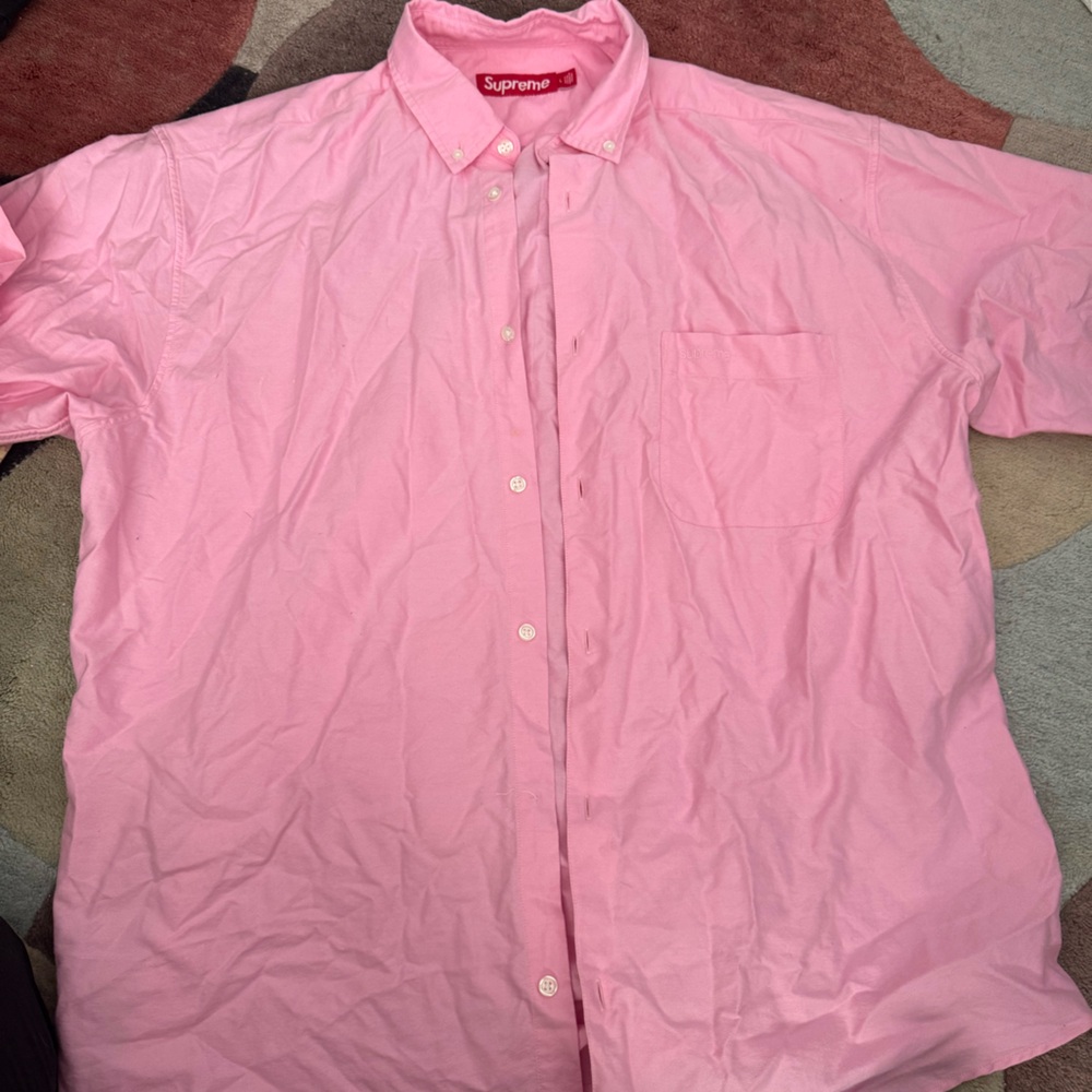 pink men’s supreme short sleeve button up